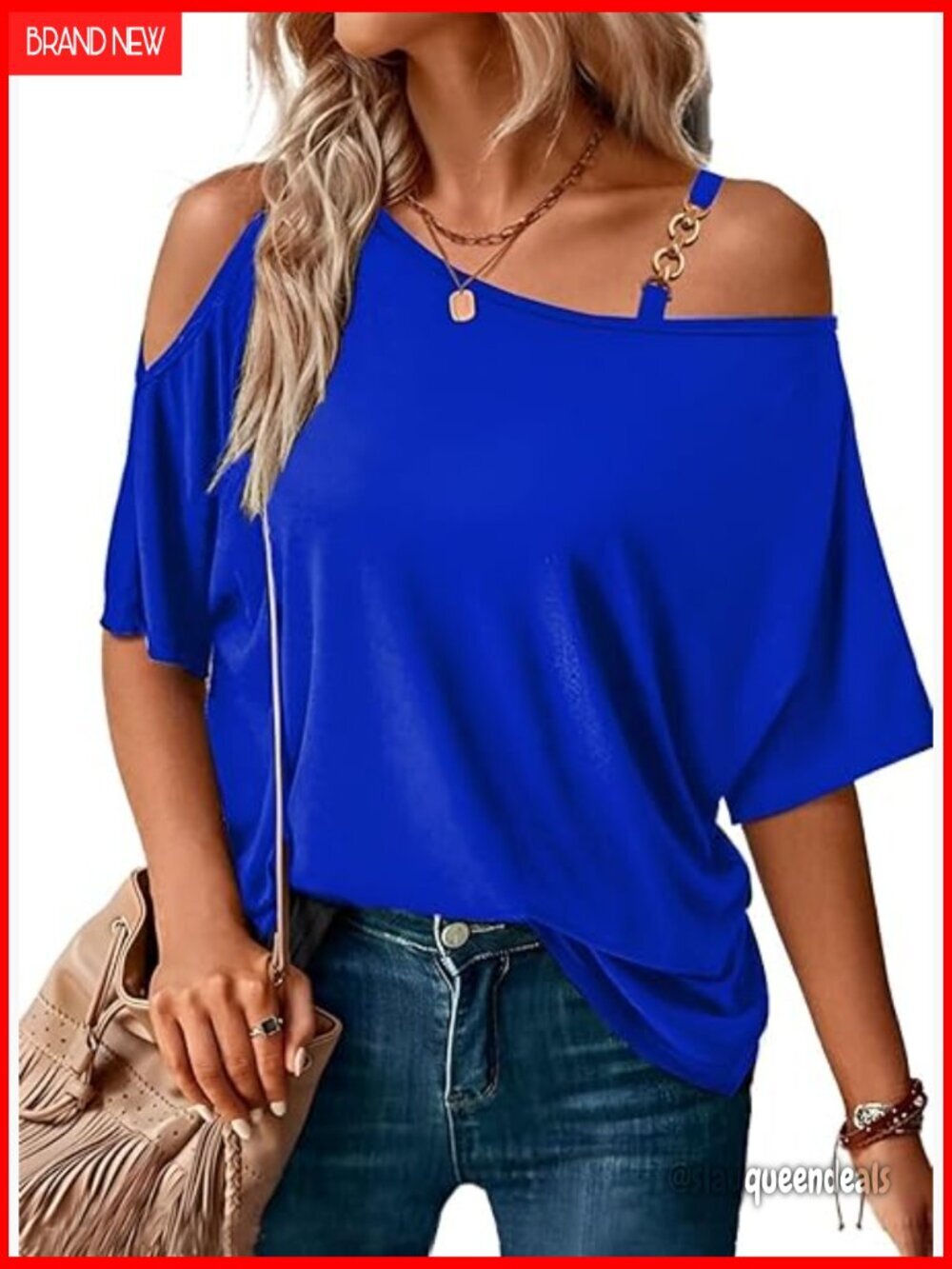 Off Shoulder Boat Neck Top with Chain Embellishment Loose Fit Short Sleeve - Picture 1 of 4